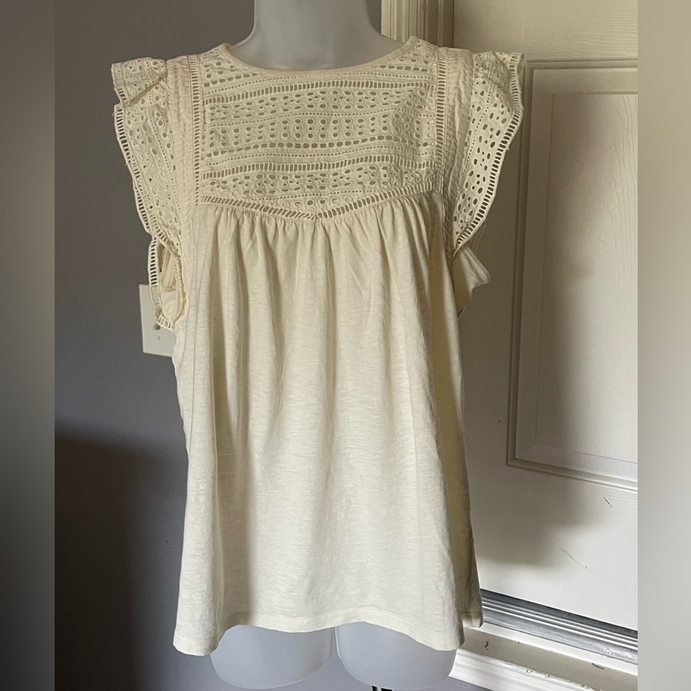 LOFT 100% Cotton Cream Eyelet Lace Bib Cap Sleeve Cotton Top - Size M - Picture 2 of 9